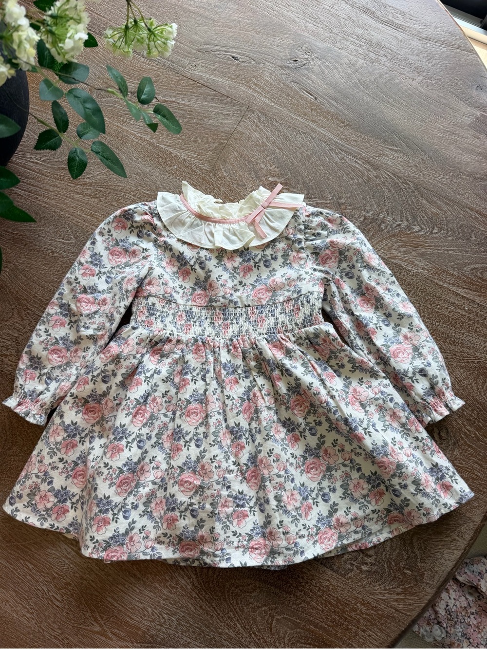Janie and Jack Cream Floral Smocked Long-Sleeve Dress with Pink Roses